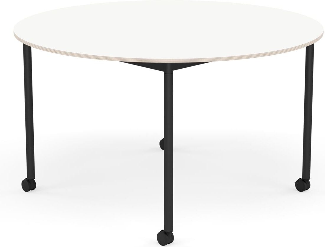 Base Tisch mit Rollen 128 cm rund weiß laminiert schwarze Beine