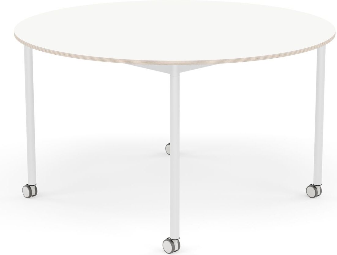 Base Tisch mit Rollen 128 cm rund weiß laminiert weiße Beine