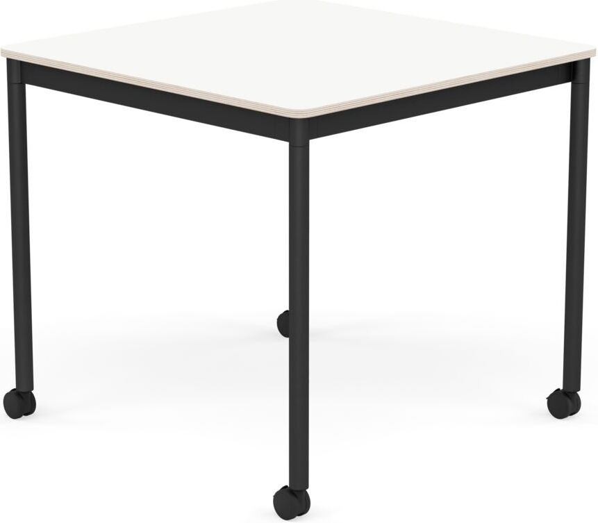 Base Tisch mit Rollen 80 cm quadratisch weiß laminiert schwarze Beine