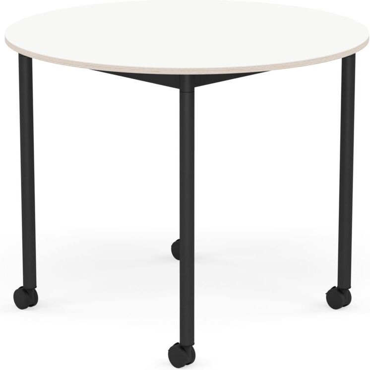 Base Tisch mit Rollen 90 cm rund weiß laminiert schwarze Beine