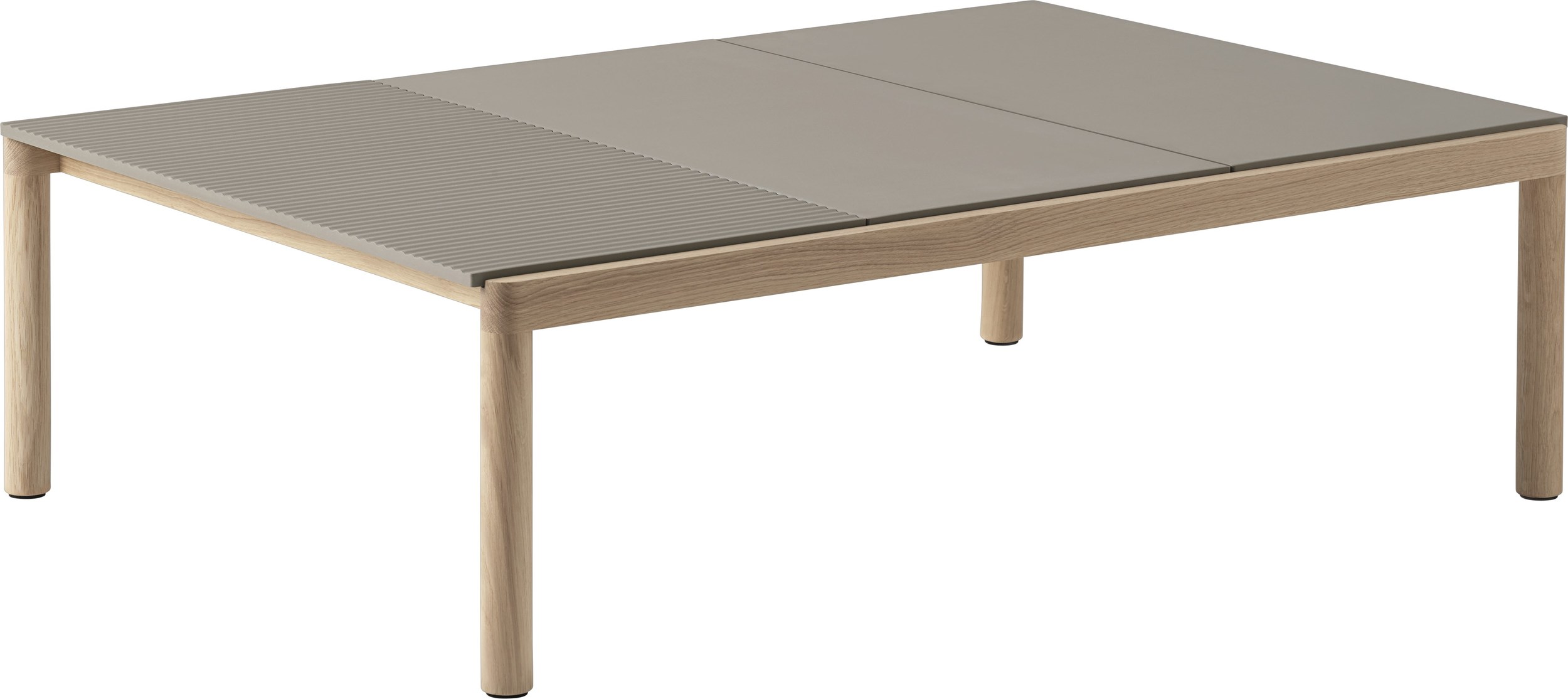 Couple Kaffeetisch 120 x 84 x 35 cm geriffelt taupe auf hellen Eichenbeinen
