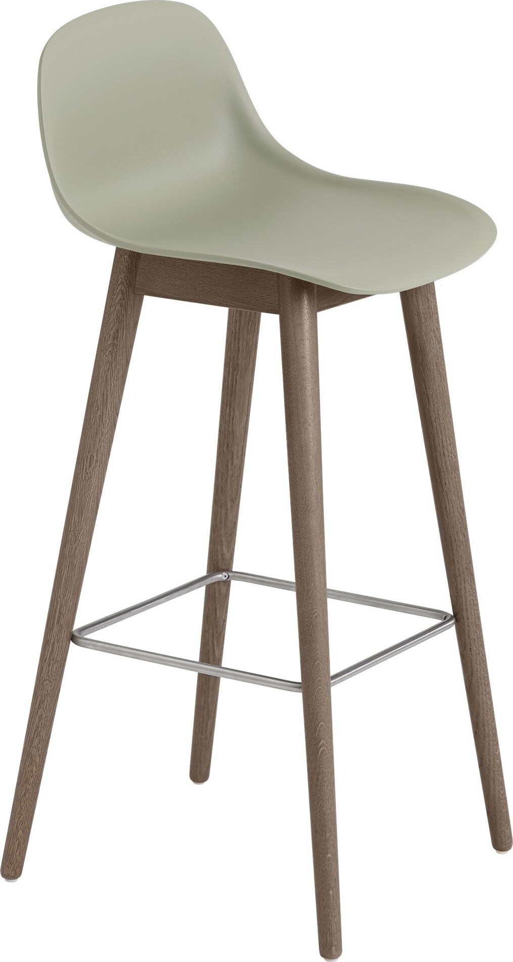 Fiber Barhocker 75 cm graugrün mit Rückenlehne auf dunklen Holzbeinen