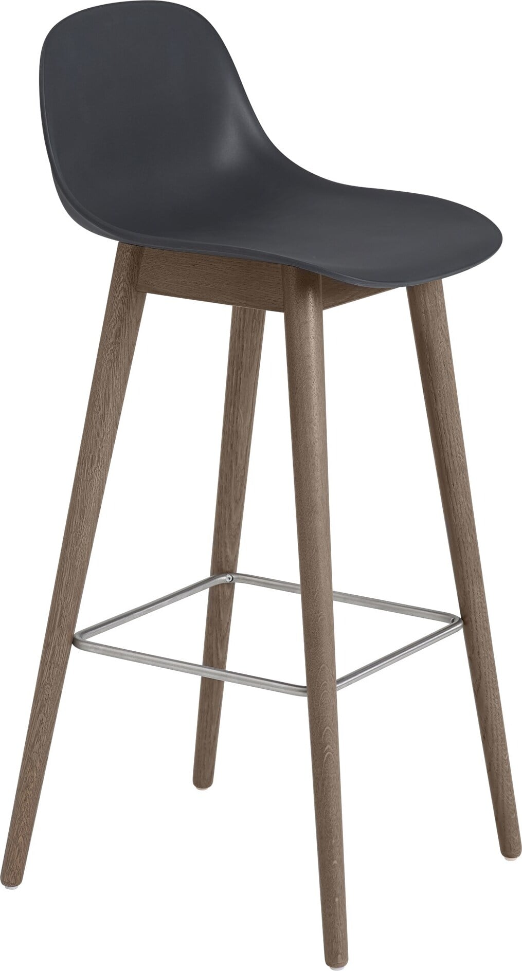 Fiber Barhocker 75 cm schwarz mit Rückenlehne auf dunklen Holzbeinen