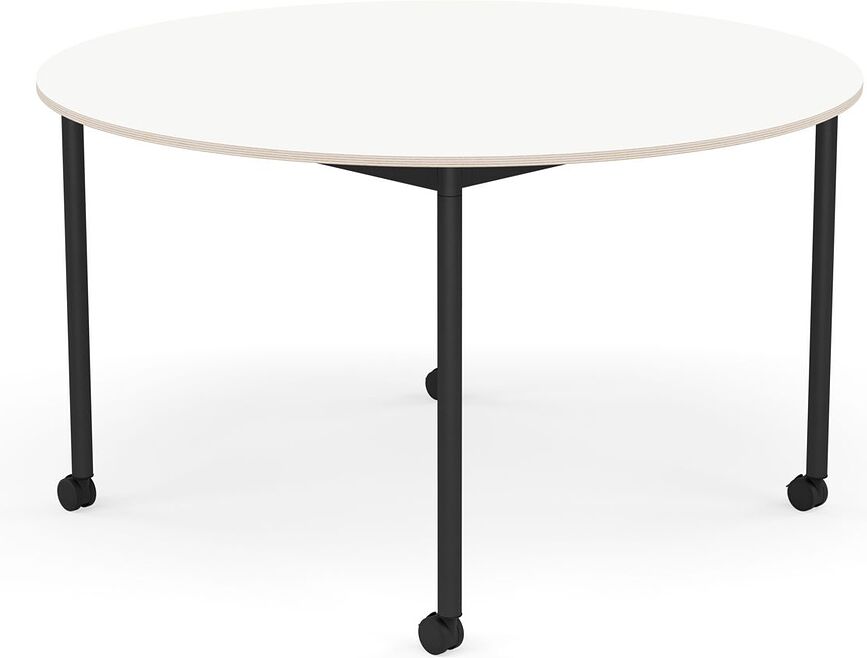 Stôl na kolieskach Base okrúhly laminovaný nohy čierne 128 cm biely