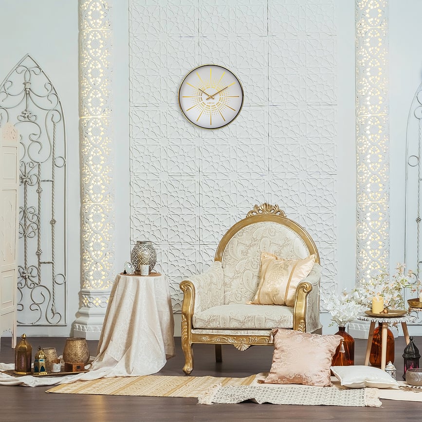 Reloj de Pared Excentric, blanco y dorado