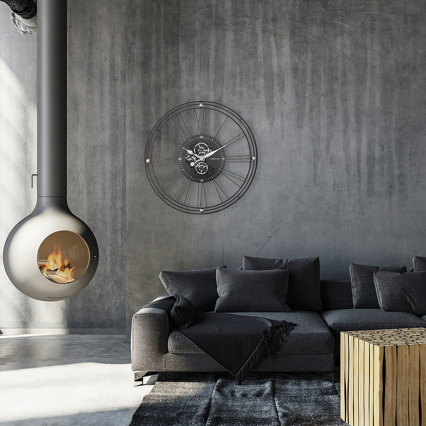 Roman Gear Clock Stenska ura, 90,5 cm, črno-srebrna