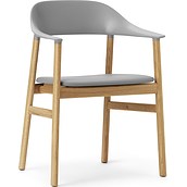 Krzesło z podłokietnikami Herit jasny dąb siedzisko skórzane szare