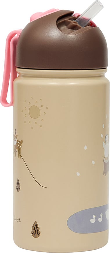 Botella térmica con pajita Friends in the Forest, 360 ml, color beige y marrón