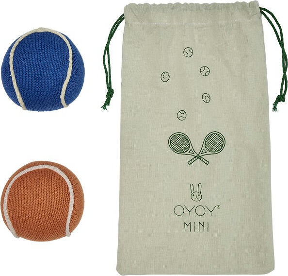 OYOY Rassel mit Beutel, Tennisbälle, blau und braun, 3-tlg.
