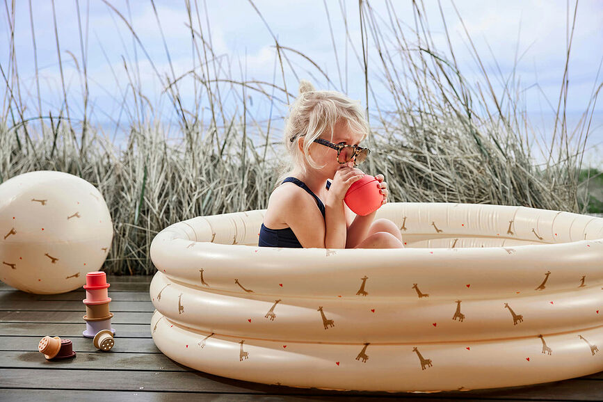 Piscina hinchable infantil Oyoy Giraffe, 120 cm, amarilla, con pelota de playa, Set de 2 piezas