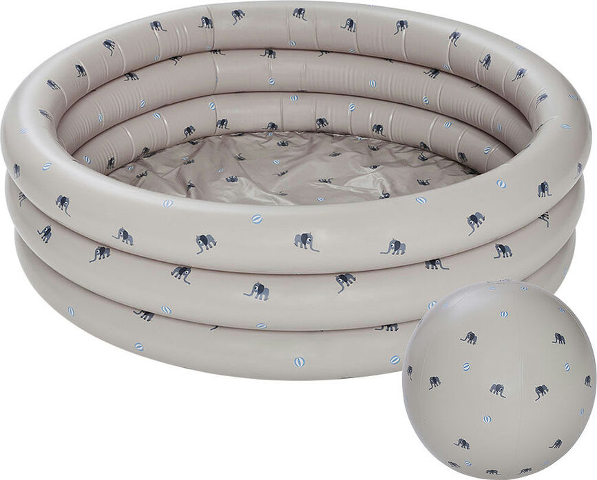 Piscina Hinchable infantil OYOY Elephant, 120 cm, beige, con pelota de playa, Set de 2 piezas