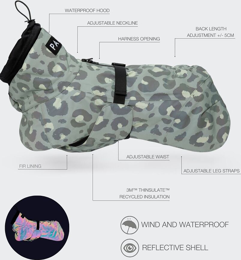 Abrigo para Perro Paikka Visibility Winter, 30 cm, estampado de leopardo verde