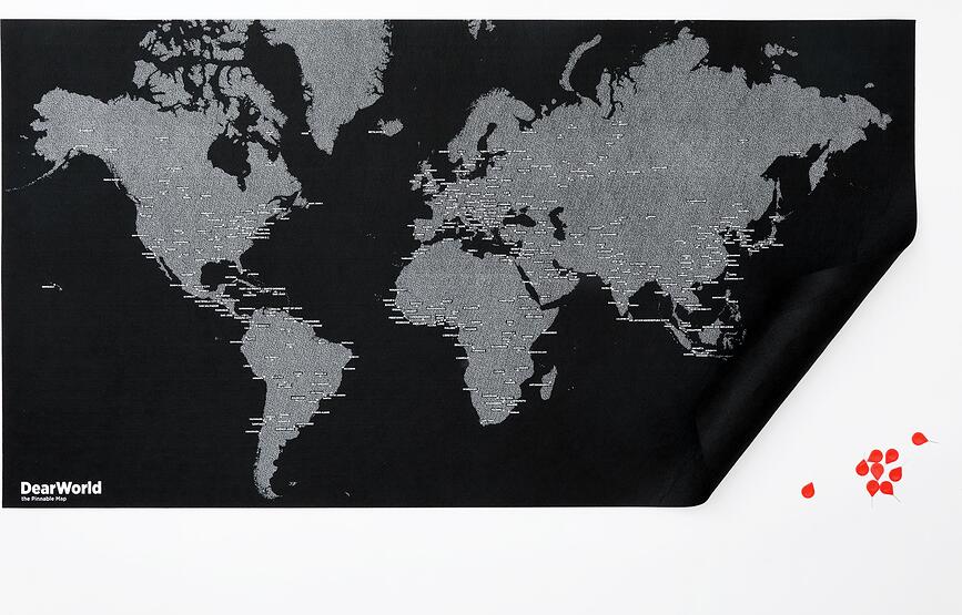 Decoración de Pared mapamundi Dear World, negra, con nombres de ciudades
