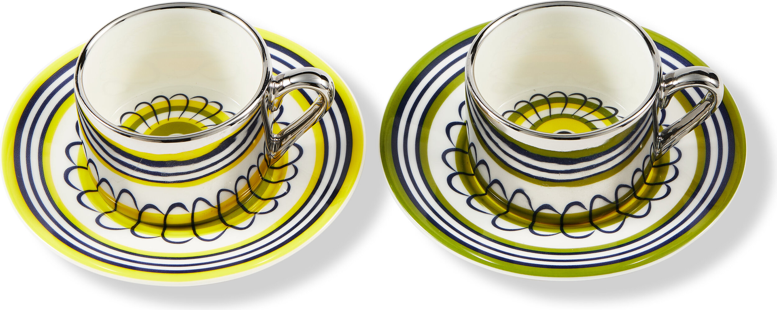 Espressotassen mit Untertassen Floral 90 ml, gelb-grün, 2 St.
