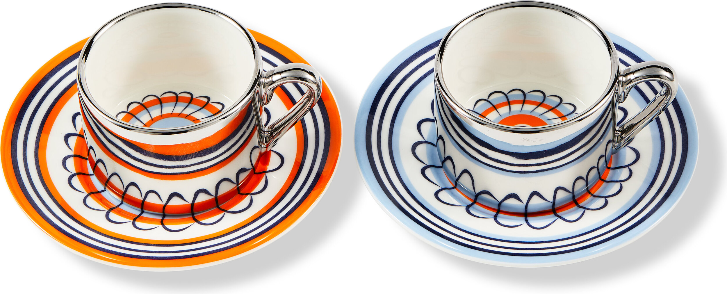 Espressotassen mit Untertassen Floral 90 ml, orange-blau, 2 St.