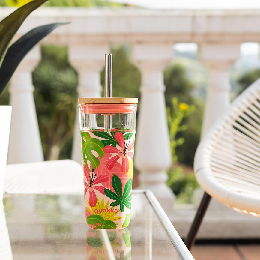 Quokka Liquid Cube Čaša staklena sa slamkom 540 ml naranče