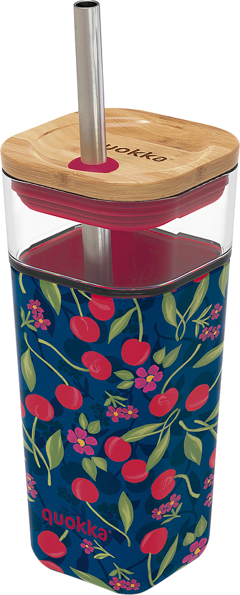 Quokka Liquid Cube Cherries Gobelet avec paille, 540 ml, en verre