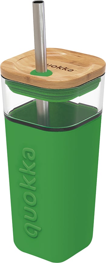 Quokka Liquid Cube Green Becher 540 ml aus Glas mit Strohhalm