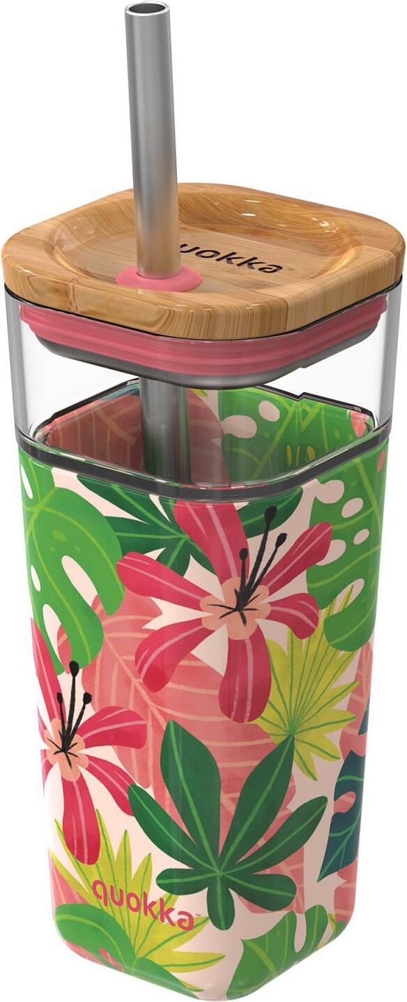 Quokka Liquid Cube Pink Jungle Becher 540 ml aus Glas mit Strohhalm