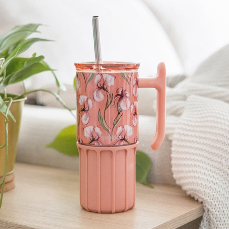 Quokka Umi Termosmugg med sugrör 720 ml, puderrosa, blommig