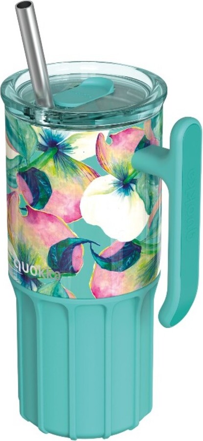 Quokka Umi Thermobecher mit Strohhalm 720 ml, meeresgrün, Blumenmuster