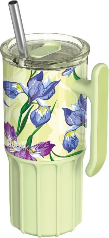 Quokka Umi Thermobecher mit Strohhalm, Blumenmuster, hellgrün, 720 ml