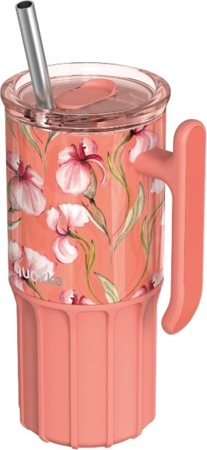 Quokka Umi Thermobecher mit Strohhalm, Blumenmuster, rosa, 720 ml