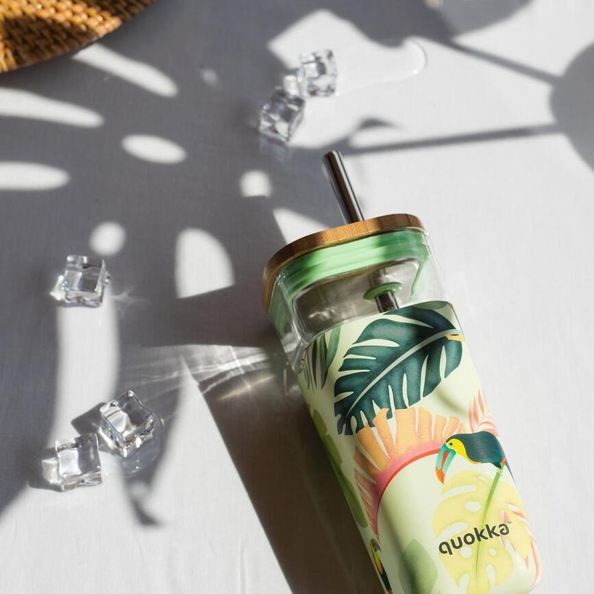 Vaso de cristal Quokka Liquid Cube, 540 ml, con pajita, diseño Naranjas