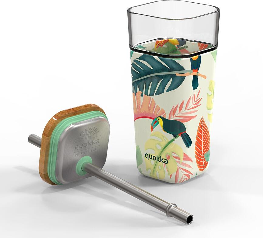 Vaso de cristal Quokka Liquid Cube, 540 ml, con pajita, diseño Naranjas