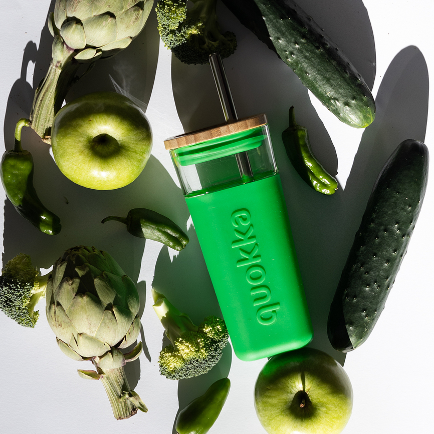 Vaso de cristal Quokka Liquid Cube, 540 ml, con pajita, diseño Naranjas