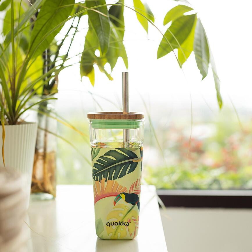 Vaso de cristal Quokka Liquid Cube, 540 ml, con pajita, diseño Naranjas