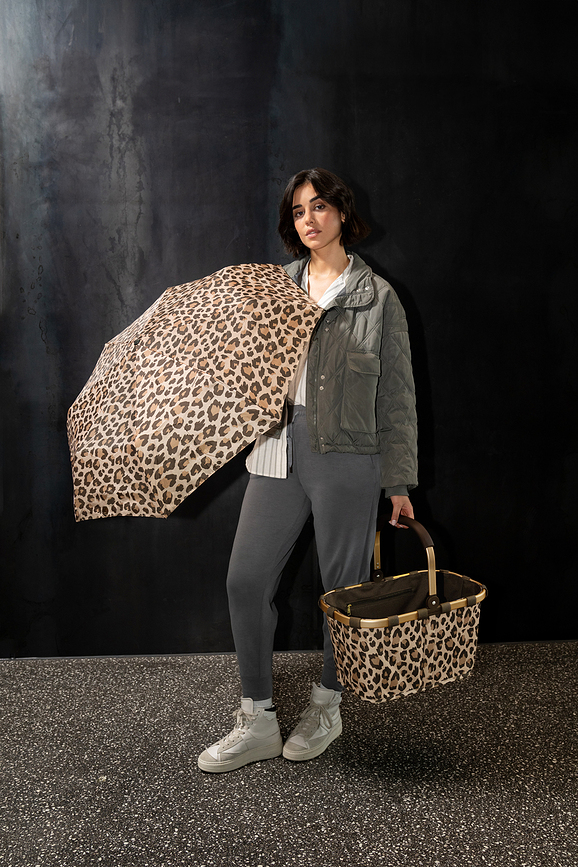 Pocket Duomatic paraply med leopardprint, brun