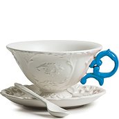 Arbatos puodelis I-Tea su lėkštute ir šaukštu mėlynos spalvos