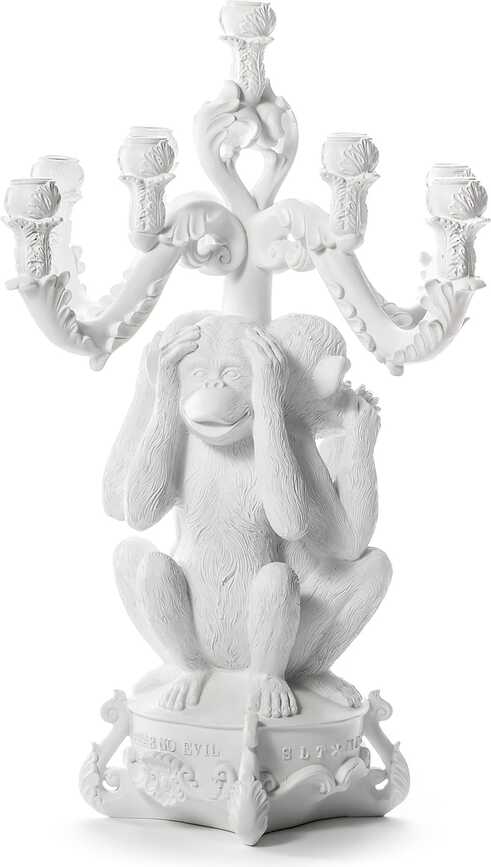 Candelabro grande Burlesque 3 Monkeys, blanco
