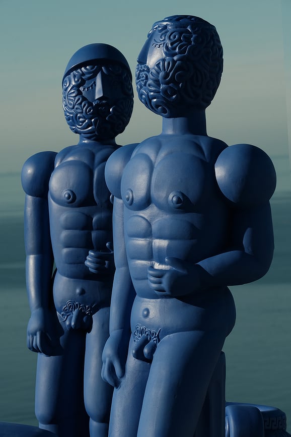 Escultura de terracota Magna Graecia Bronzo Helmet, 144 cm, azul