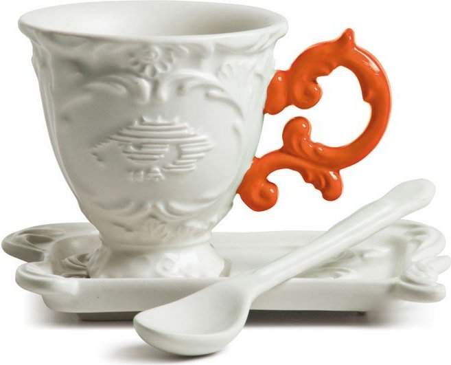 I-Coffee Kaffeetasse orangefarben mit Untertasse und Löffel