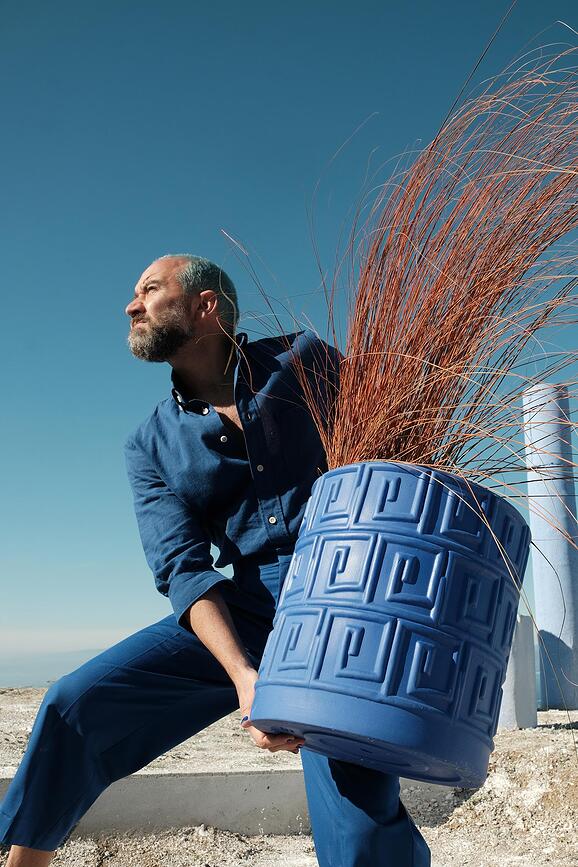 Magna Graecia Greca Γλάστρα με πιατάκι, 38,5 cm, μπλε, από τερακότα