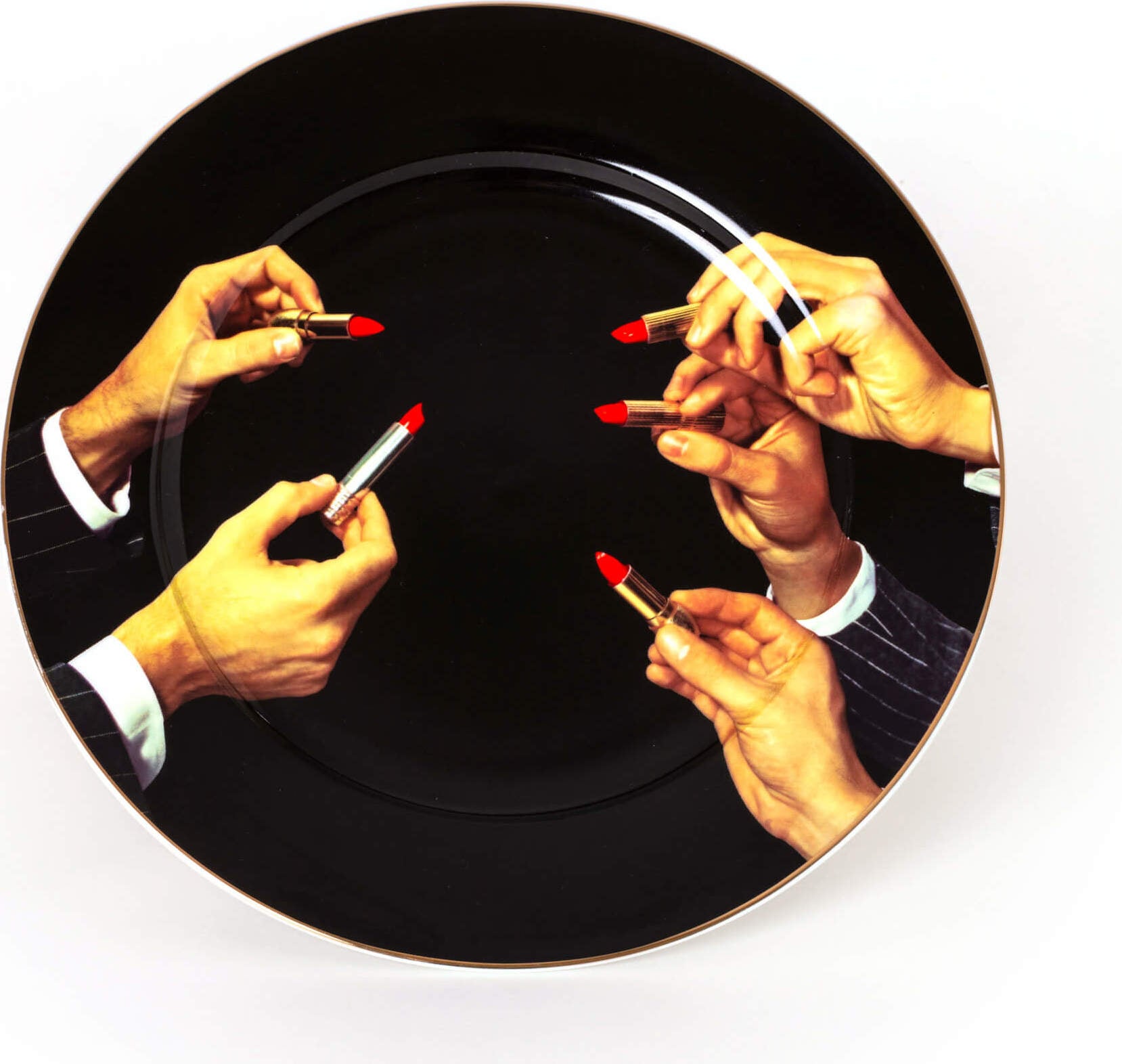 Seletti Wears Toiletpaper Lipsticks Black Teller mit goldfarbenem Rand