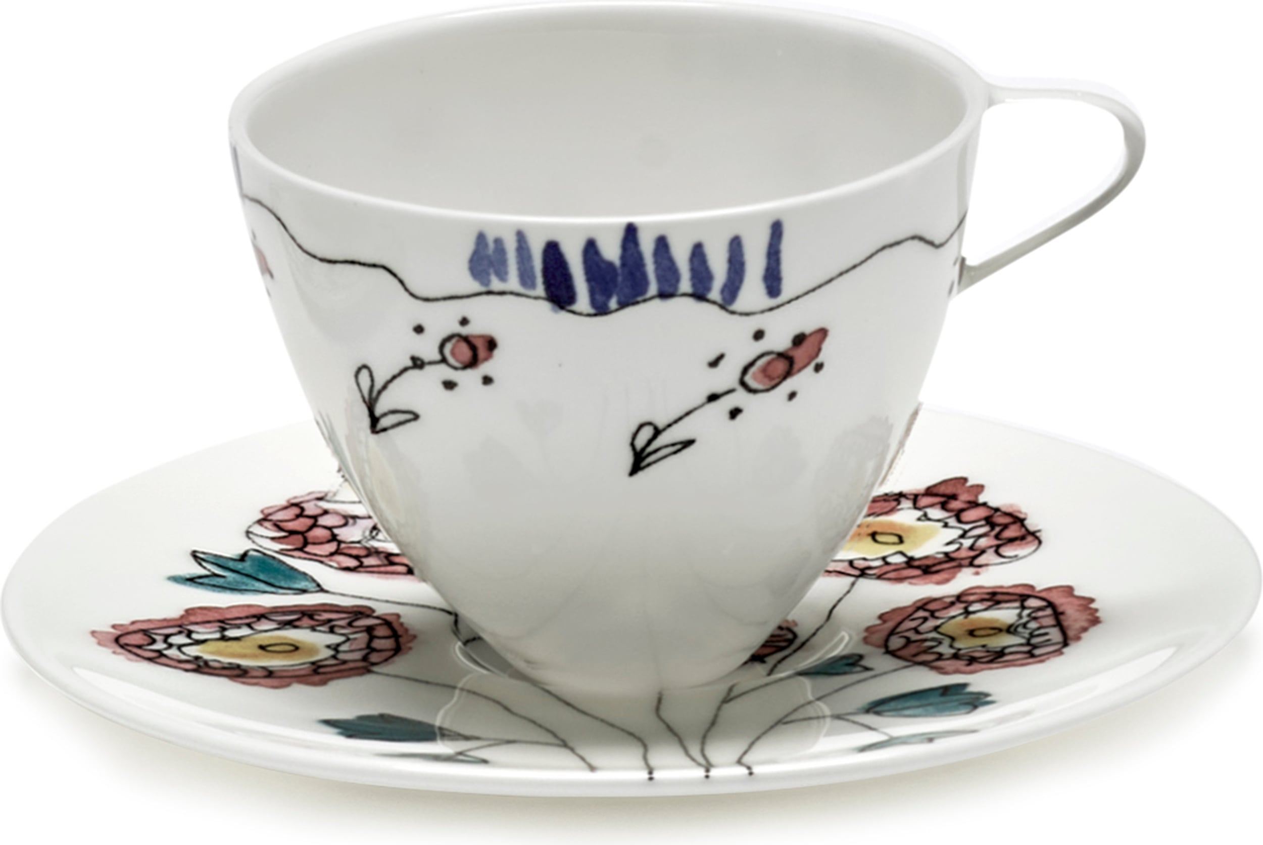 Midnight Flowers Anemone Milk Espressotassen mit Untertassen 80 ml, weiß, geblümt, 2 St.
