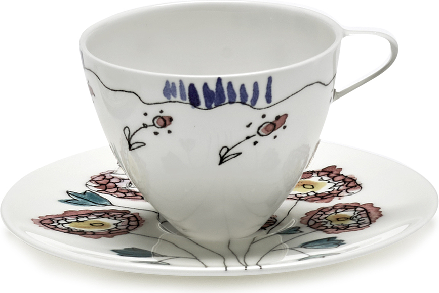 Midnight Flowers Anemone Milk Tasses à café avec soucoupes 80 ml, blanches à motif floral, lot de 2