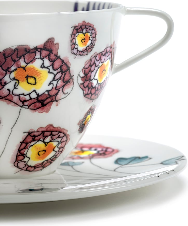 Midnight Flowers Anemone Milk Tasses à cappuccino avec soucoupes 200 ml, blanches à motif floral, lot de 2
