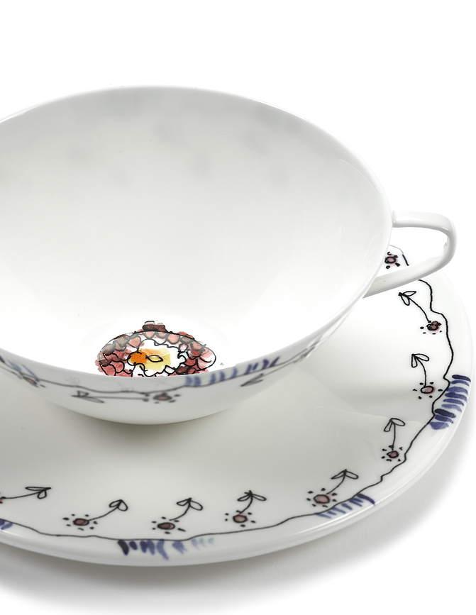 Taza de té con plato Midnight Flowers Blossom Milk, 200 ml, Set de 2 piezas