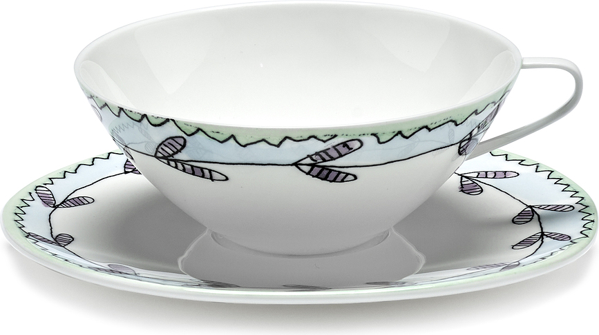 Taza de té con plato Midnight Flowers, 200 ml, Set de 2 piezas