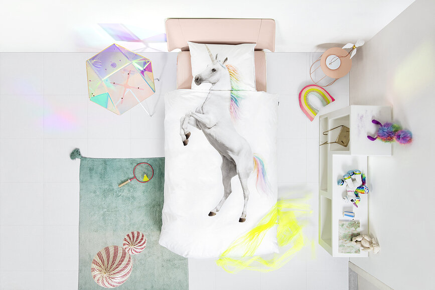 Posteljnina Unicorn White 140 x 200 cm z prevleko za vzglavnik 60 x 70 cm