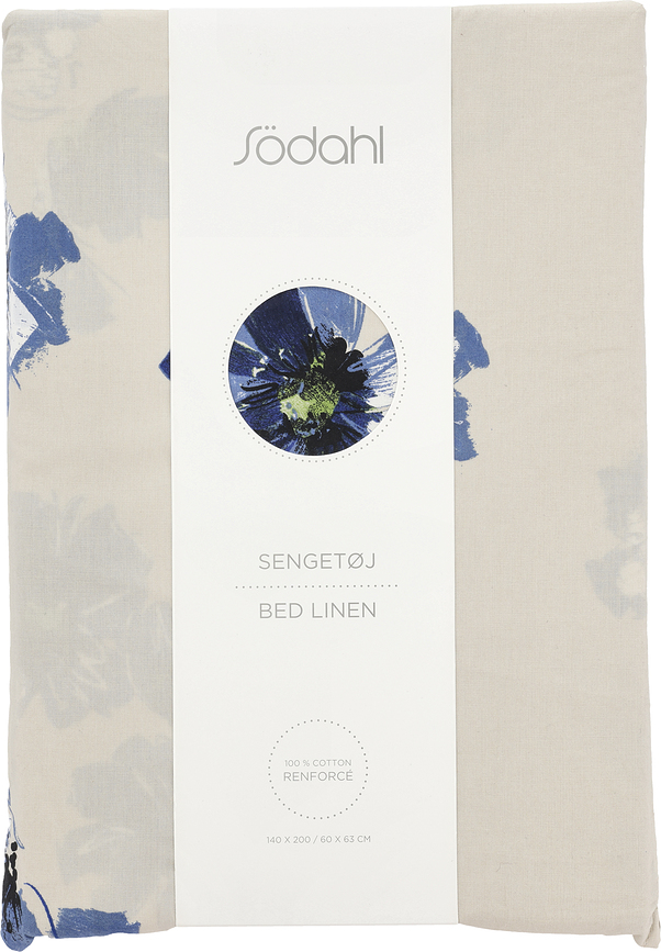 Flora Parure de Lit avec fermeture éclair, 140 x 220 cm, beige et bleue, Taie 60 x 63 cm, Set 2 pièces