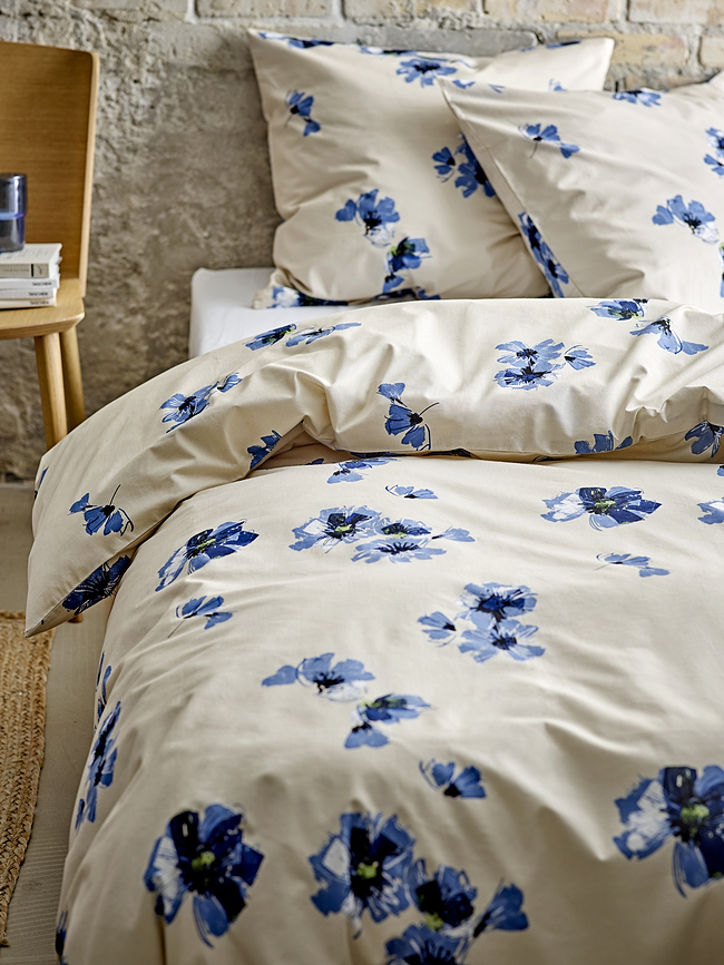 Flora Parure de Lit avec fermeture éclair, 140 x 220 cm, beige et bleue, Taie 60 x 63 cm, Set 2 pièces