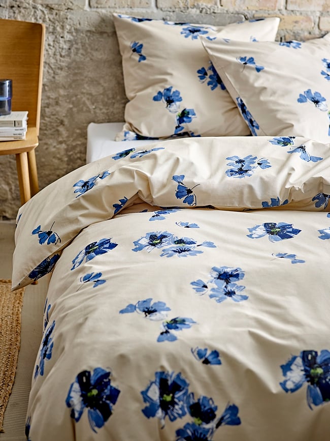 Funda Nórdica Flora, 140 x 220 cm, con funda de almohada 60 x 63 cm, beige y azul, cierre de cremallera