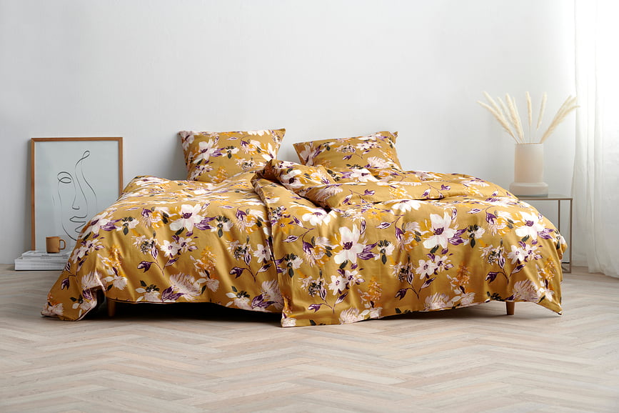 Juego de Funda Nórdica History Bloom 135 x 200 cm, dorada, con funda de almohada 80 x 80 cm