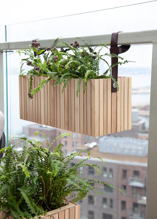 Maceta de autorriego GrowWIDE, fresno negro, con orificios para colgar