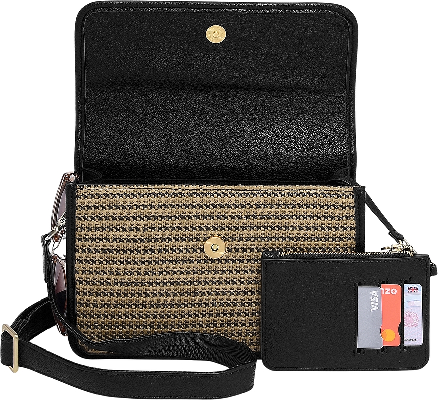 Bolso de Hombro de rafia Stackers, marrón, con tarjetero y espejo